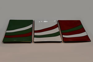 Fused glass, three Christmas plates, red-white-green, sloped pattern