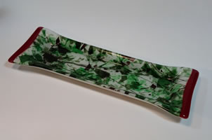 fused glass, green and red chips, cracker tray